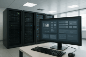 Salle de serveurs photoréaliste avec plusieurs racks de serveurs et interface de panneau sur écran