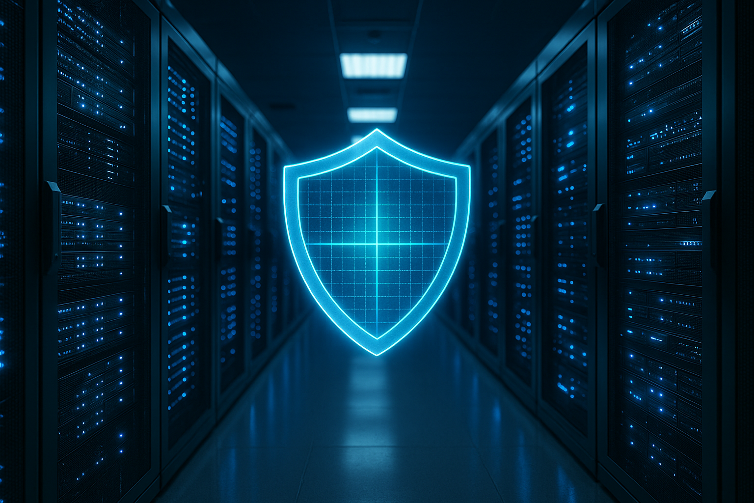 Salle de serveurs moderne avec panneau numérique symbolisant la sécurité de l'hébergement web