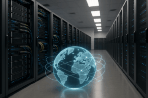 Un centre de données moderne symbolise l'hébergement de serveurs et l'optimisation globale de la latence