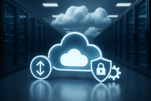 Représentation photoréaliste d'une architecture de cloud sans serveur avec des symboles numériques d'efficacité.