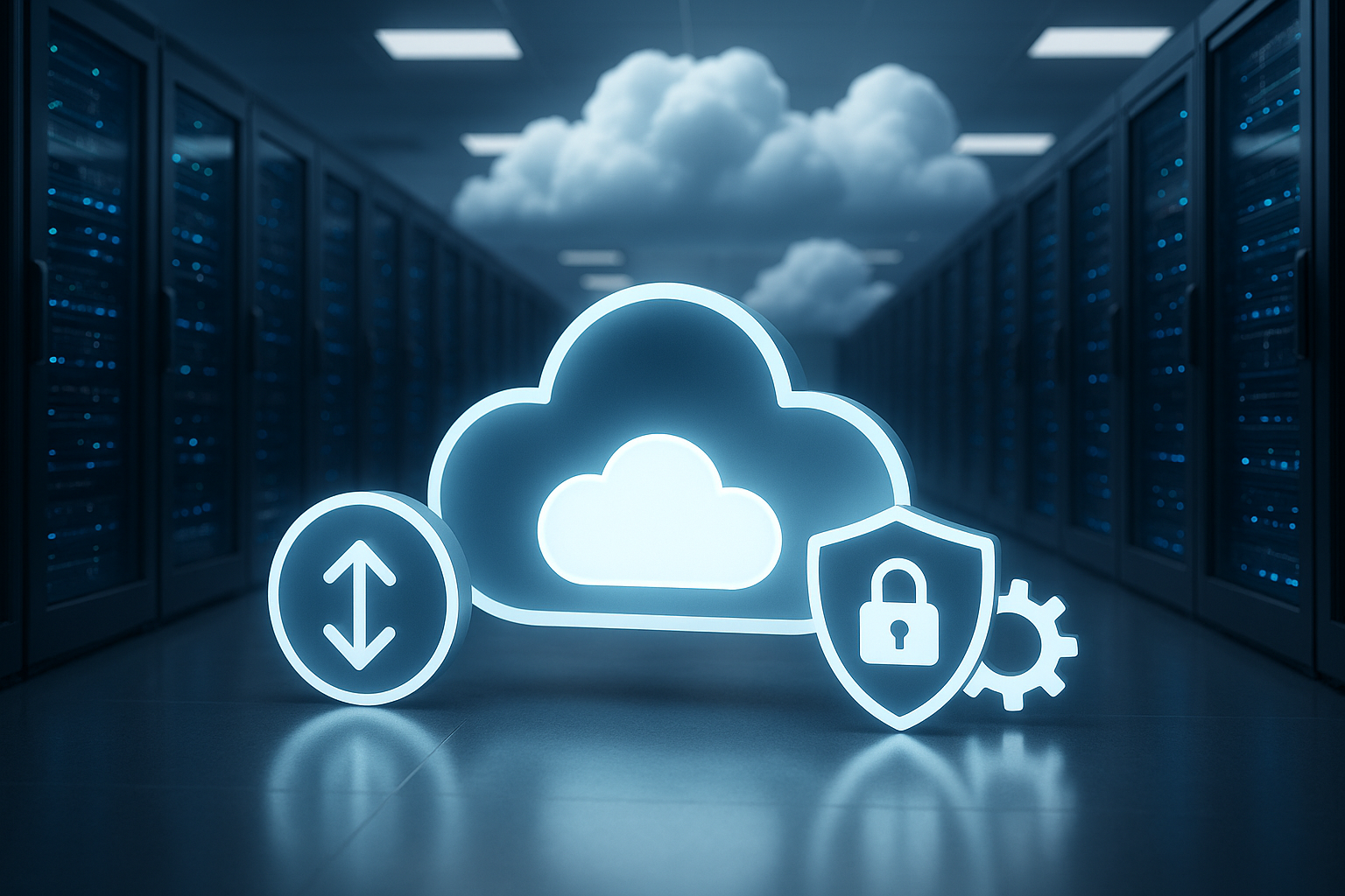 Représentation photoréaliste d'une architecture de cloud sans serveur avec des symboles numériques d'efficacité.
