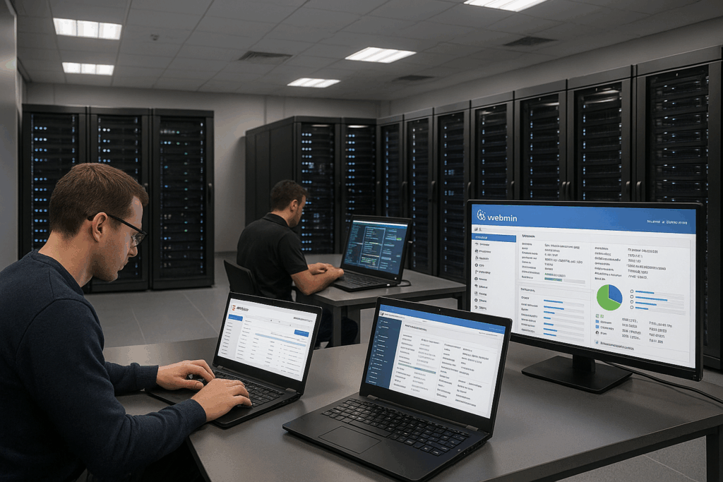 Centre de données moderne avec racks de serveurs et écrans affichant Webmin et ISPConfig