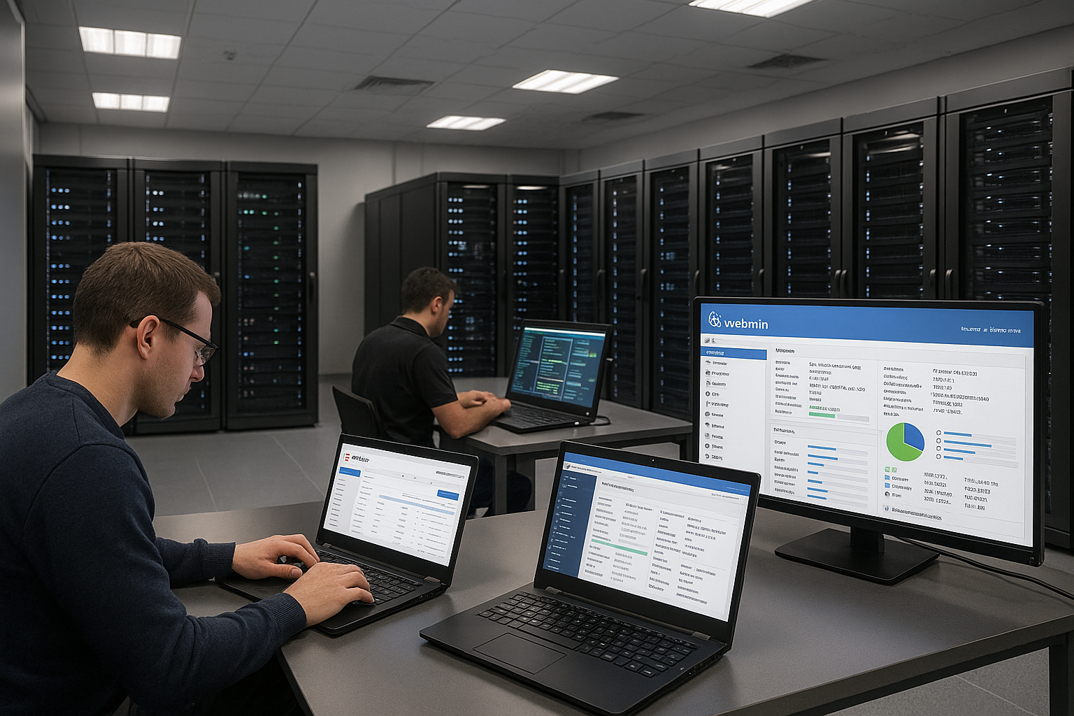 Centre de données moderne avec racks de serveurs et écrans affichant Webmin et ISPConfig