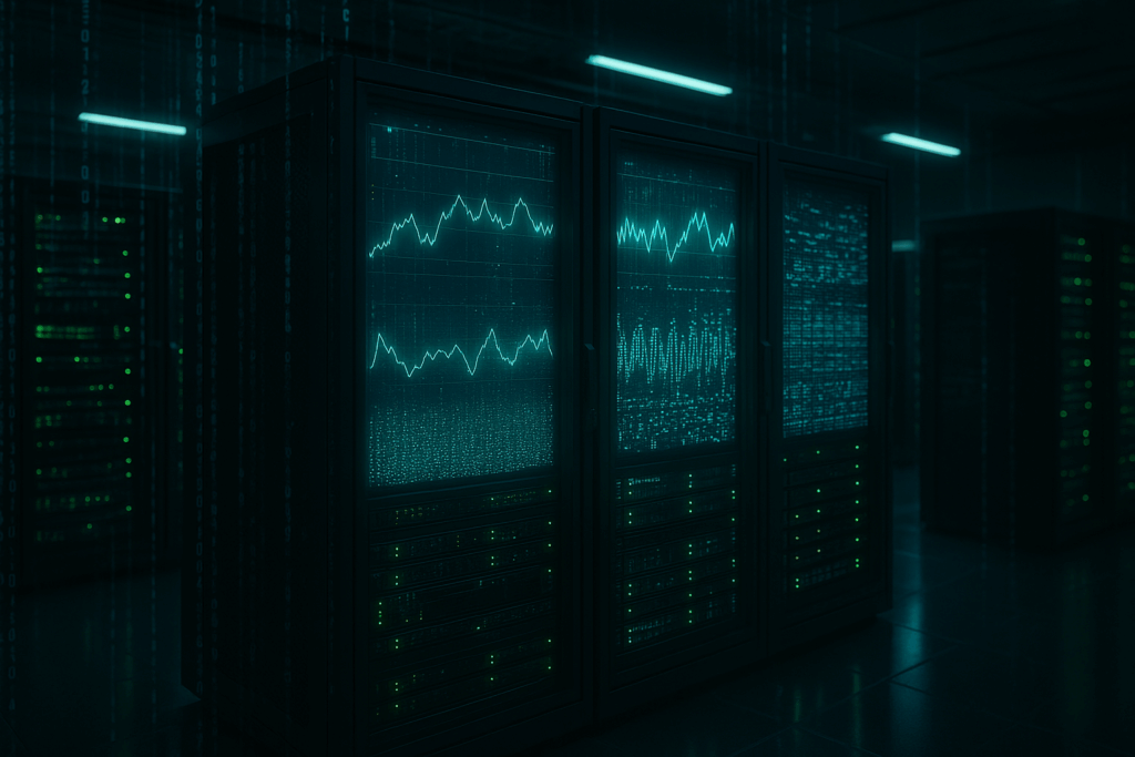 Environnement de serveur photoréaliste avec tableaux de bord de surveillance de l'IA et analyse des tendances