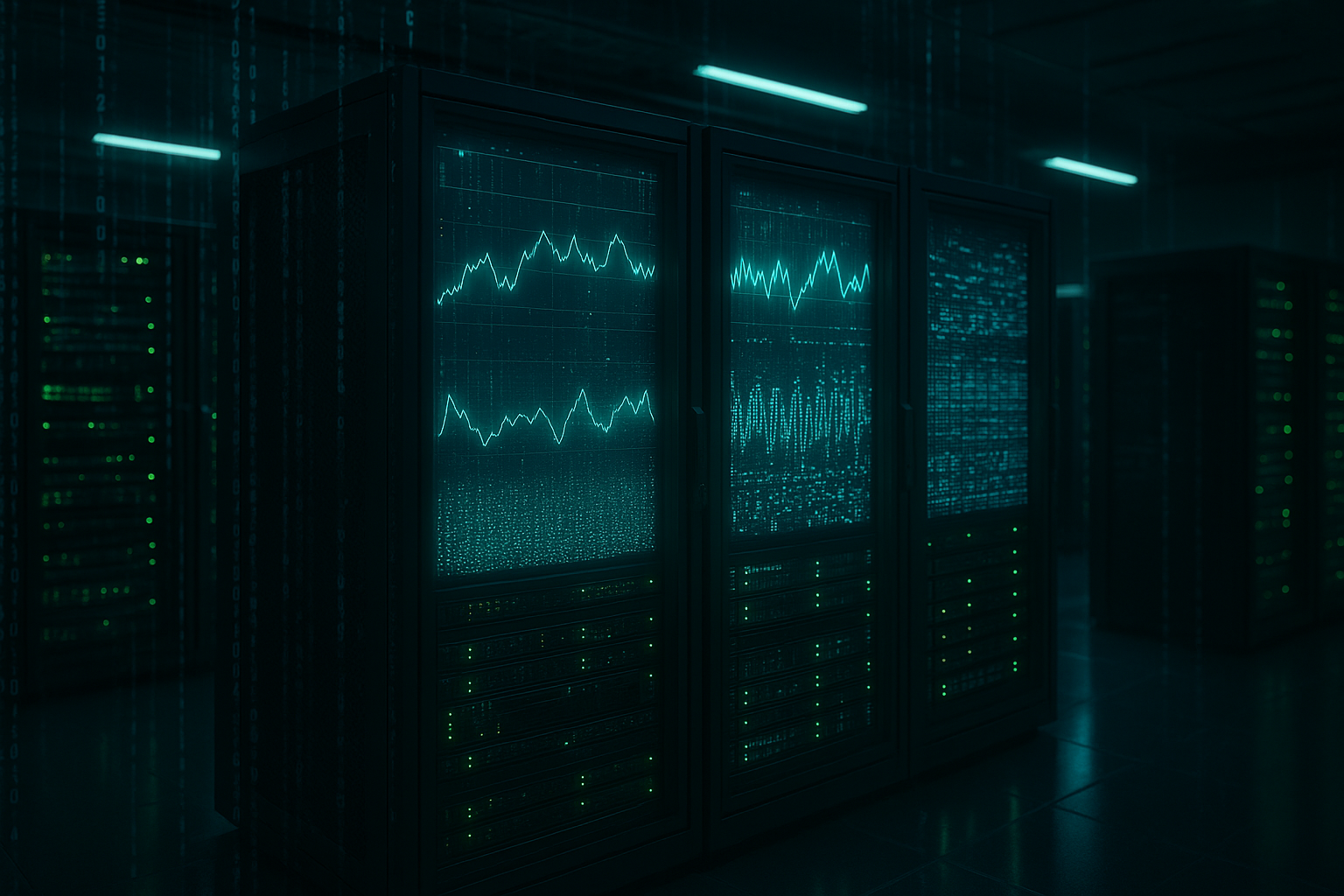 Environnement de serveur photoréaliste avec tableaux de bord de surveillance de l'IA et analyse des tendances