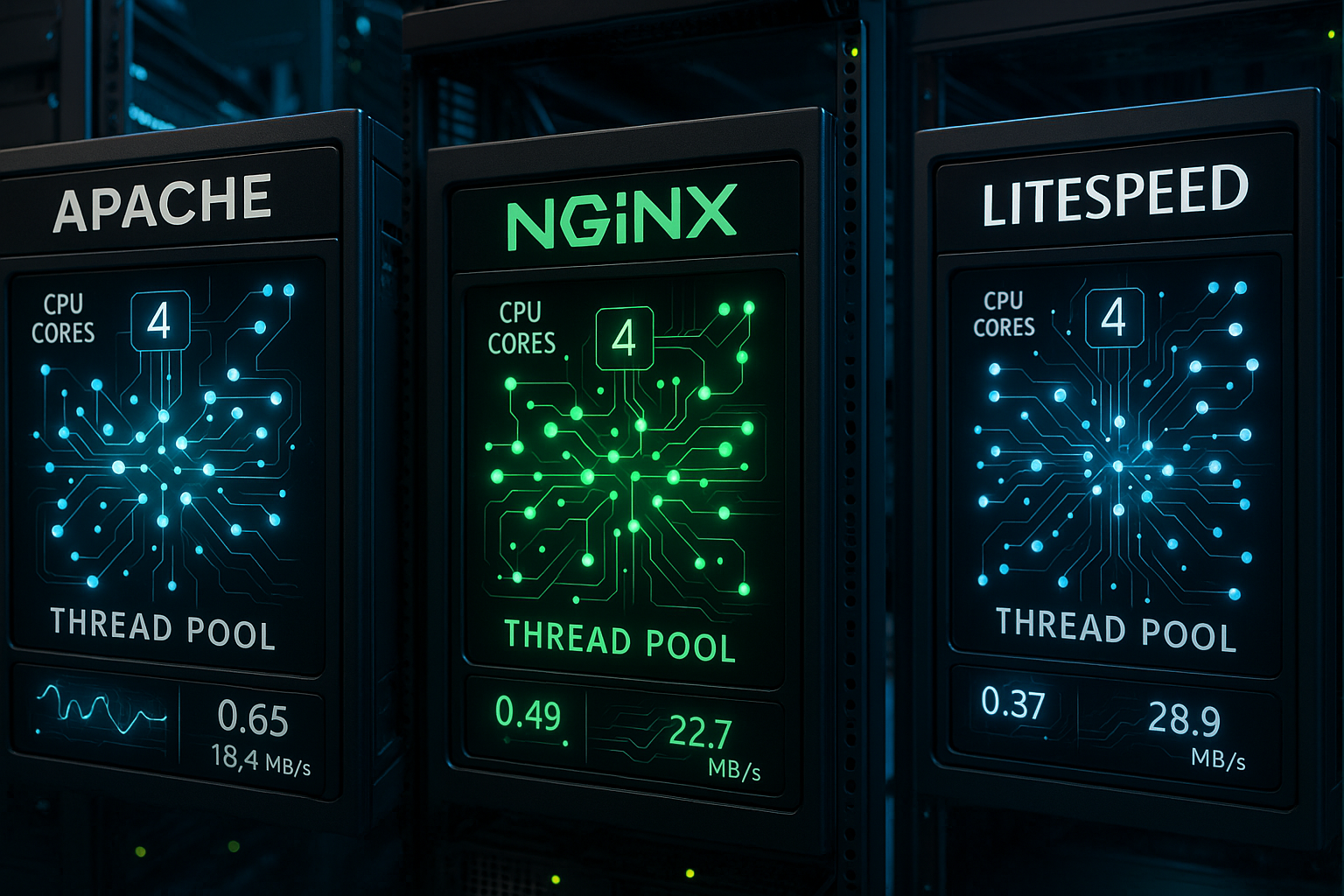 Visualisation de l'optimisation du pool de threads sur les serveurs web Apache, NGINX et LiteSpeed à l'aide de mesures de performance