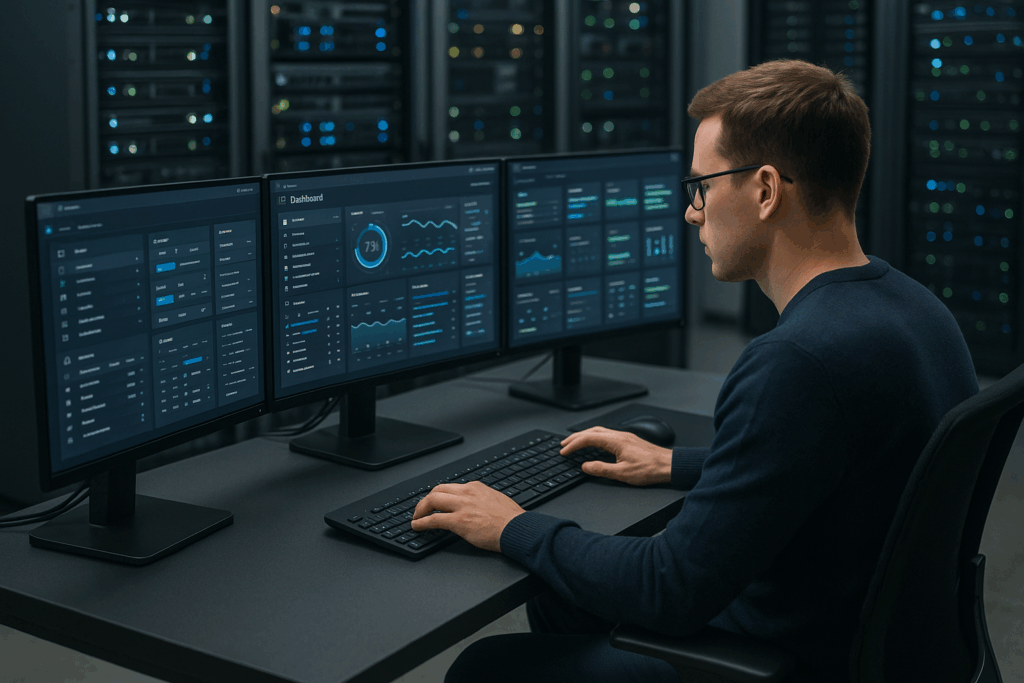Administration système Virtualmin : panneau de contrôle dans l'interface Web avec racks de serveurs