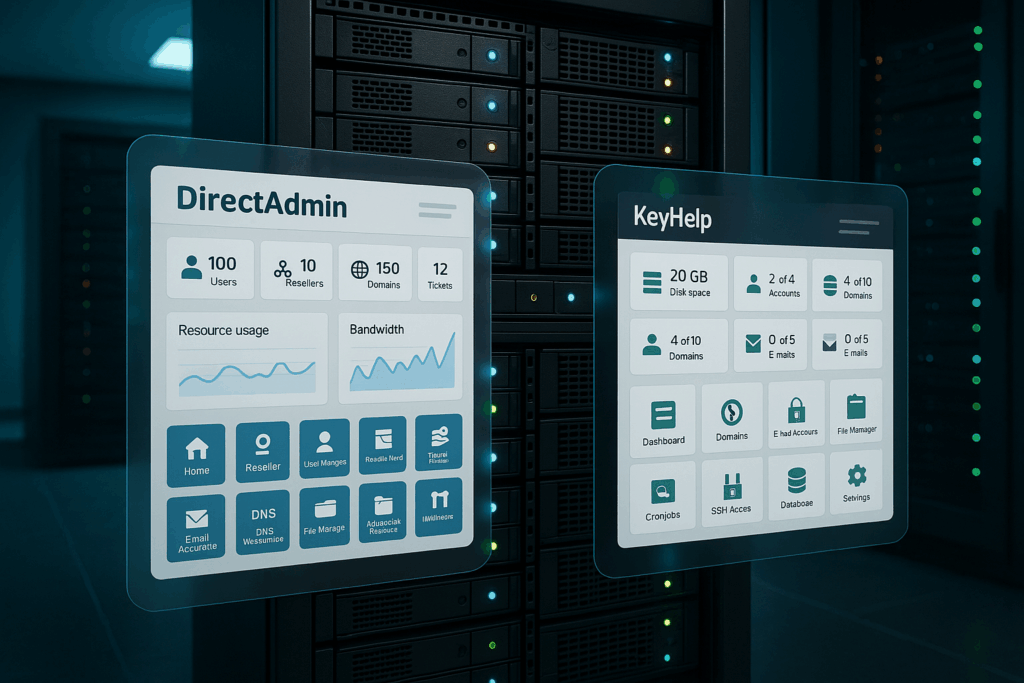 Pleins feux sur le rack de serveurs modernes avec DirectAdmin et les panneaux KeyHelp