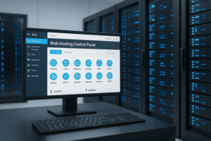 Salle de serveurs avec panneau de contrôle d'hébergement web aaPanel ouvert