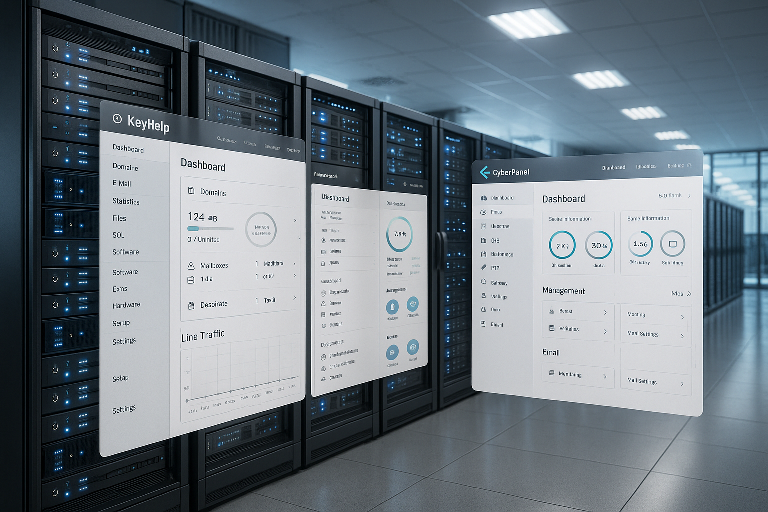Salle de serveurs avec des technologies d'hébergement web modernes et des panneaux KeyHelp & CyberPanel