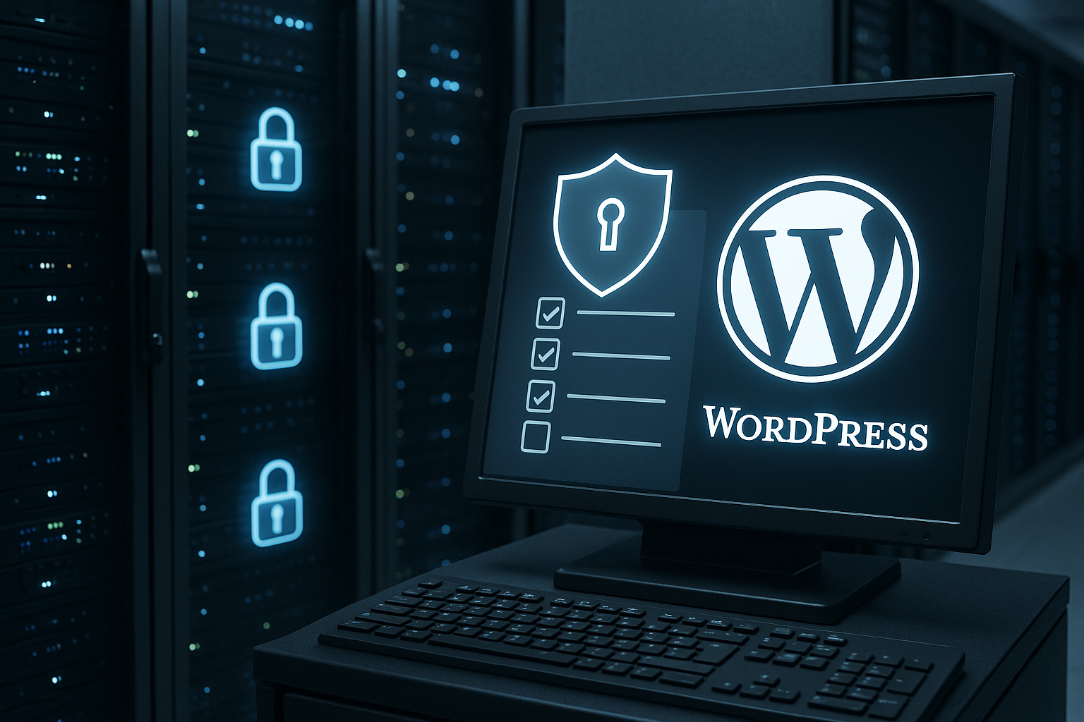 Une salle de serveurs moderne avec des symboles de protection numériques et le logo WordPress, gage de sécurité.