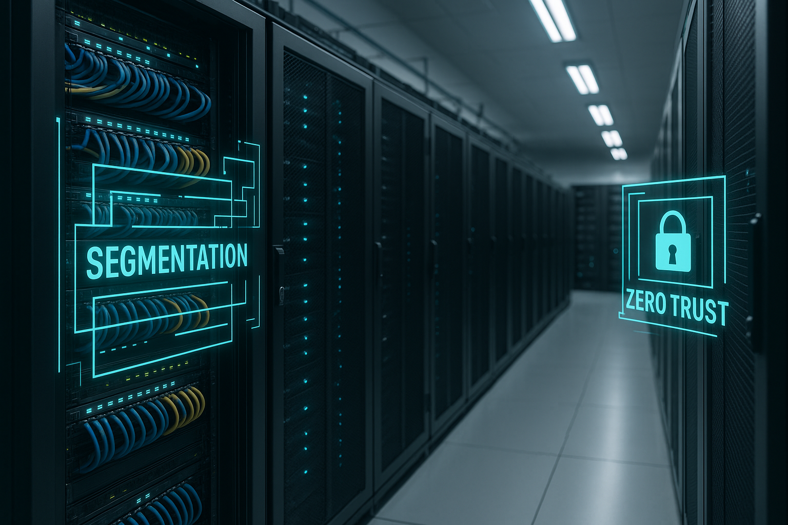 Salle des serveurs avec câbles réseau, représentation numérique de l'hébergement Zero Trust et de la segmentation