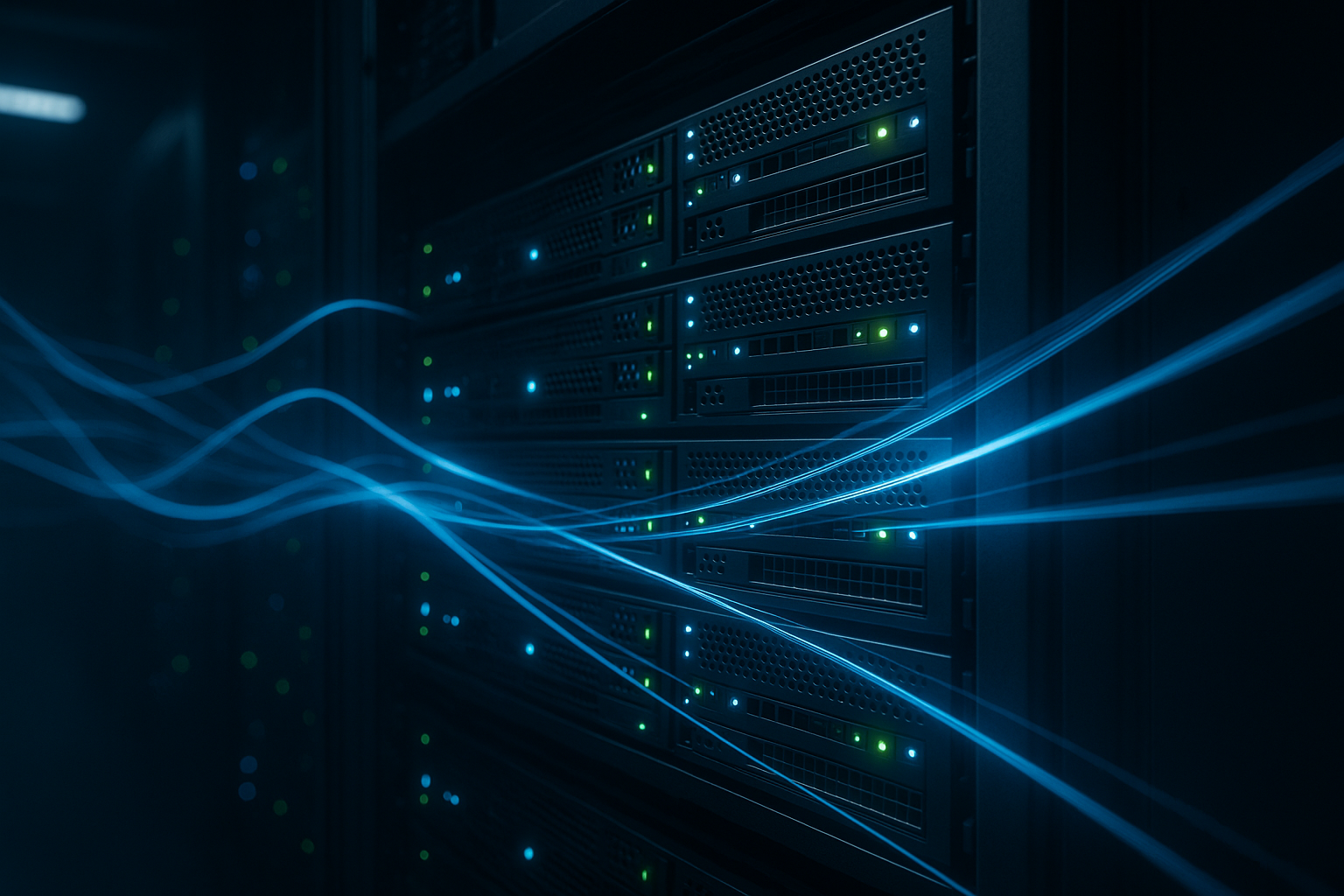 Des racks de serveurs équipés de LED lumineuses visualisent les files d'attente asynchrones des workers PHP.