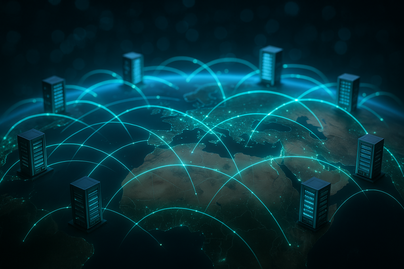 Schéma de l'infrastructure réseau mondiale avec connexions de routage BGP et paquets de données