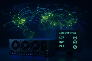 Infrastructure d'hébergement mondiale avec des serveurs situés dans le monde entier et des indicateurs Core Web Vitals