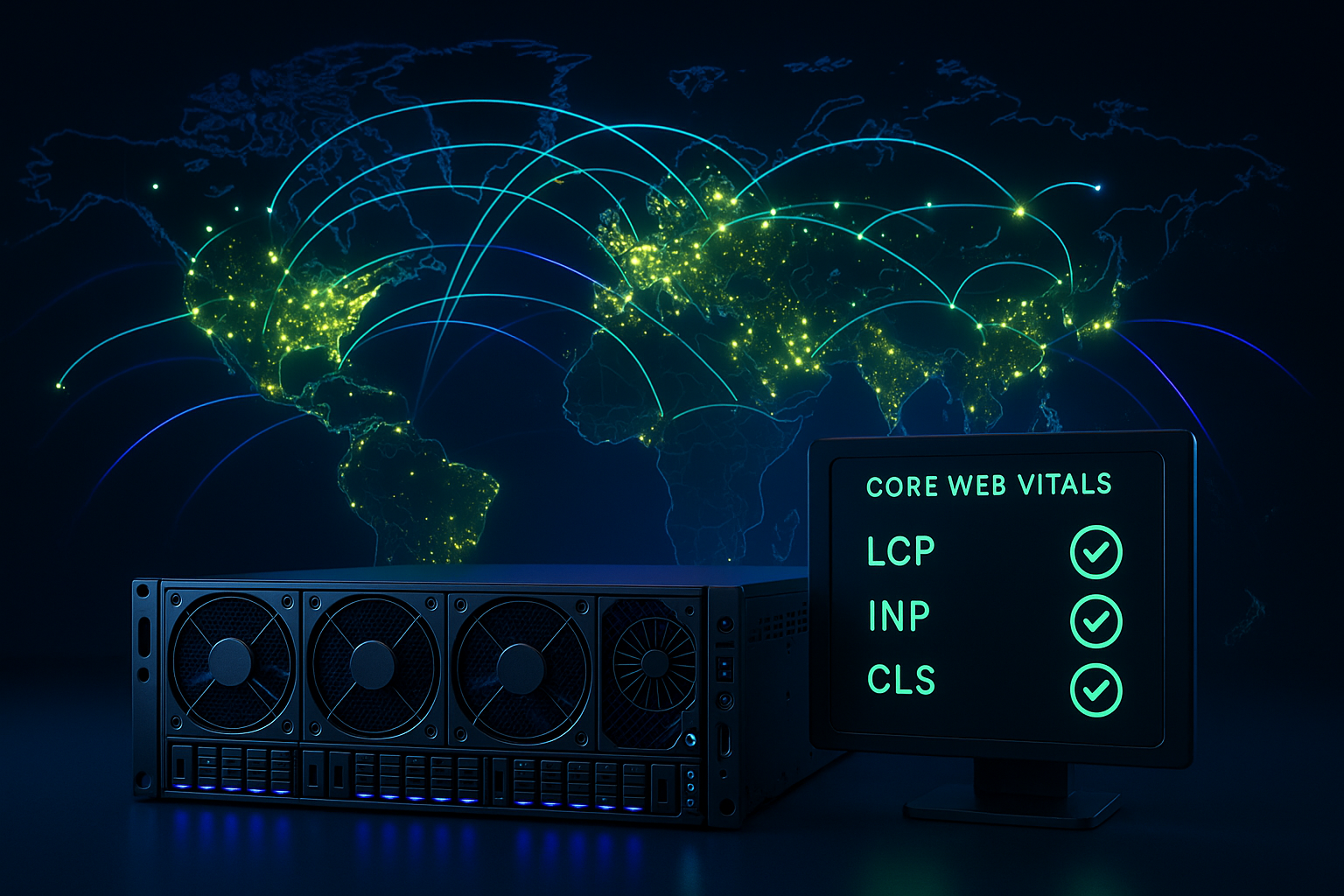 Infrastructure d'hébergement mondiale avec des serveurs situés dans le monde entier et des indicateurs Core Web Vitals