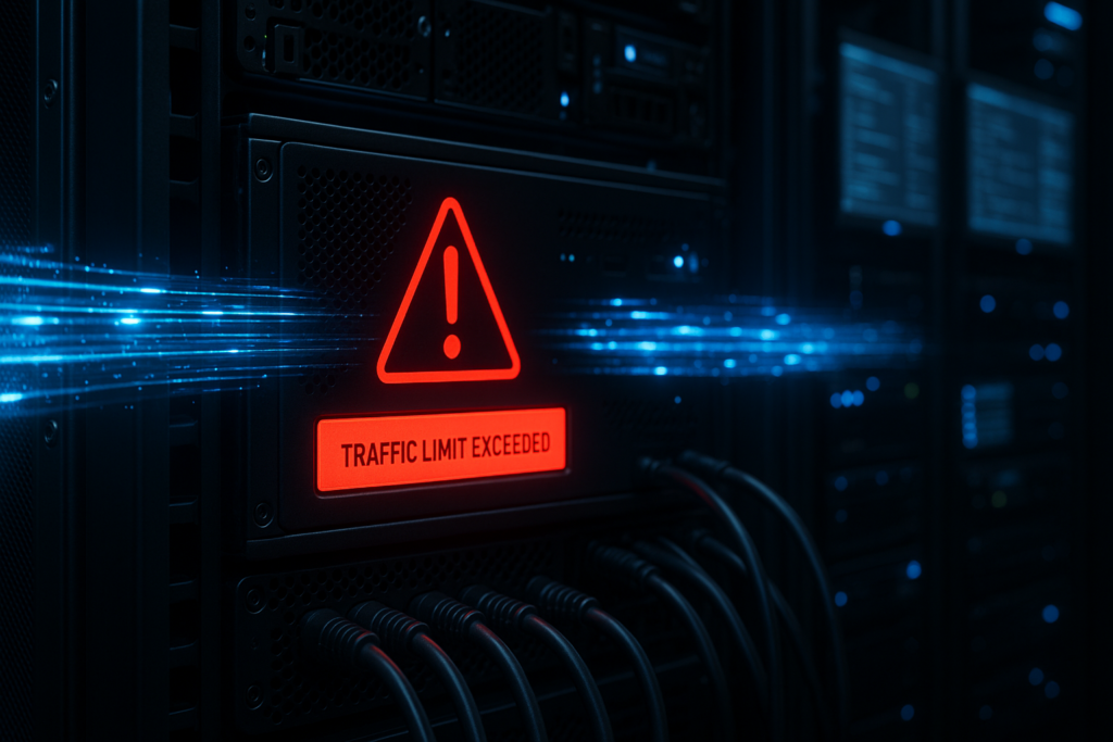 Salle des serveurs avec saturation du trafic et limites d'hébergement