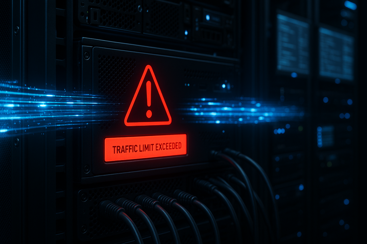 Salle des serveurs avec saturation du trafic et limites d'hébergement