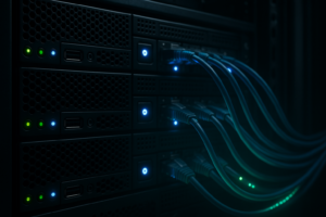 Rack de serveurs avec connexions réseau lumineuses pour une optimisation HTTP Keep-Alive
