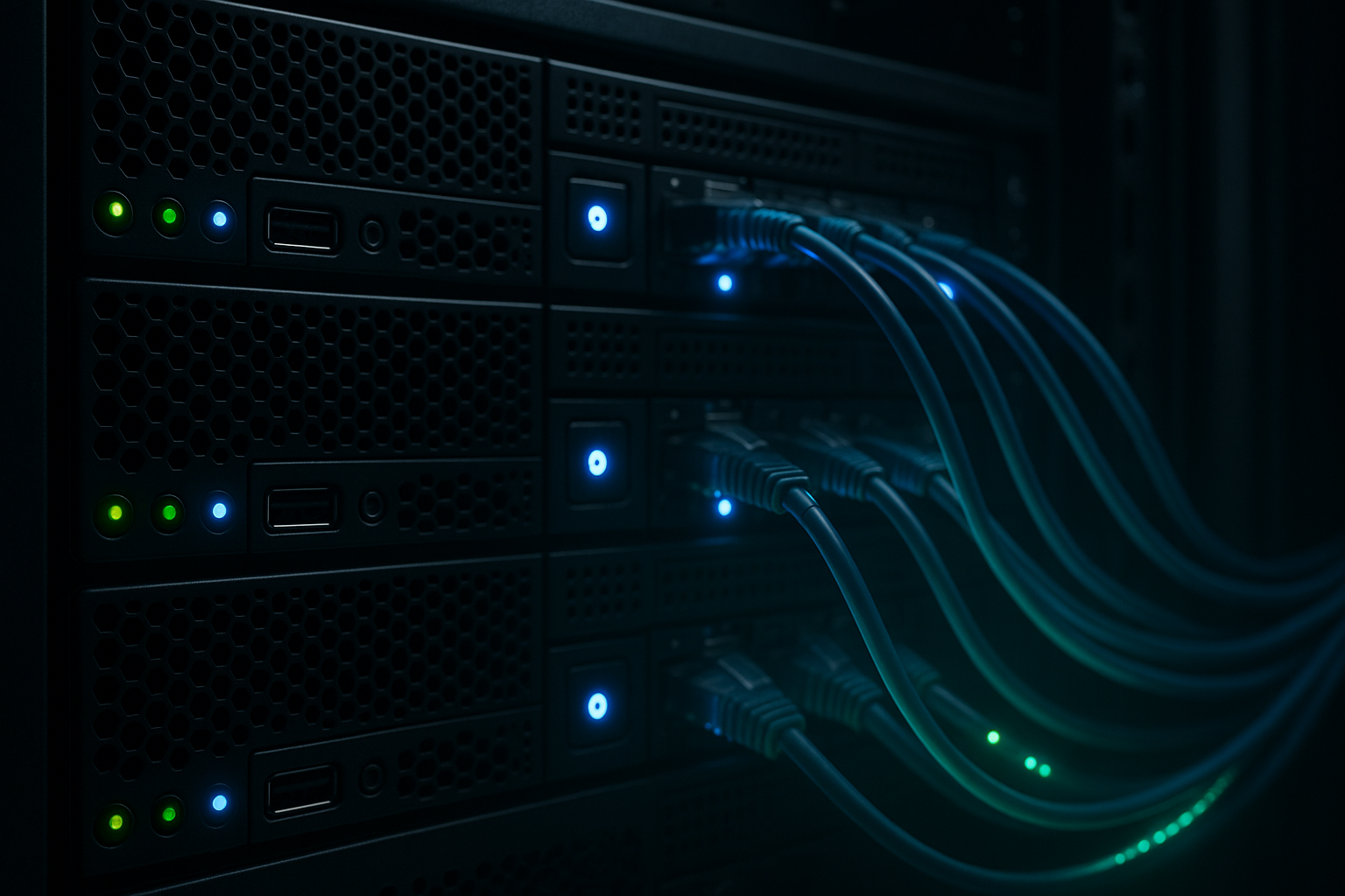 Rack de serveurs avec connexions réseau lumineuses pour une optimisation HTTP Keep-Alive