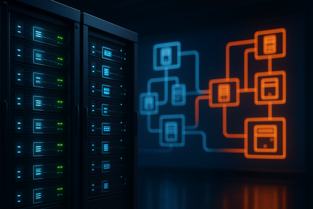 Les racks de serveurs modernes symbolisent LiteSpeed et NGINX dans une comparaison de performances