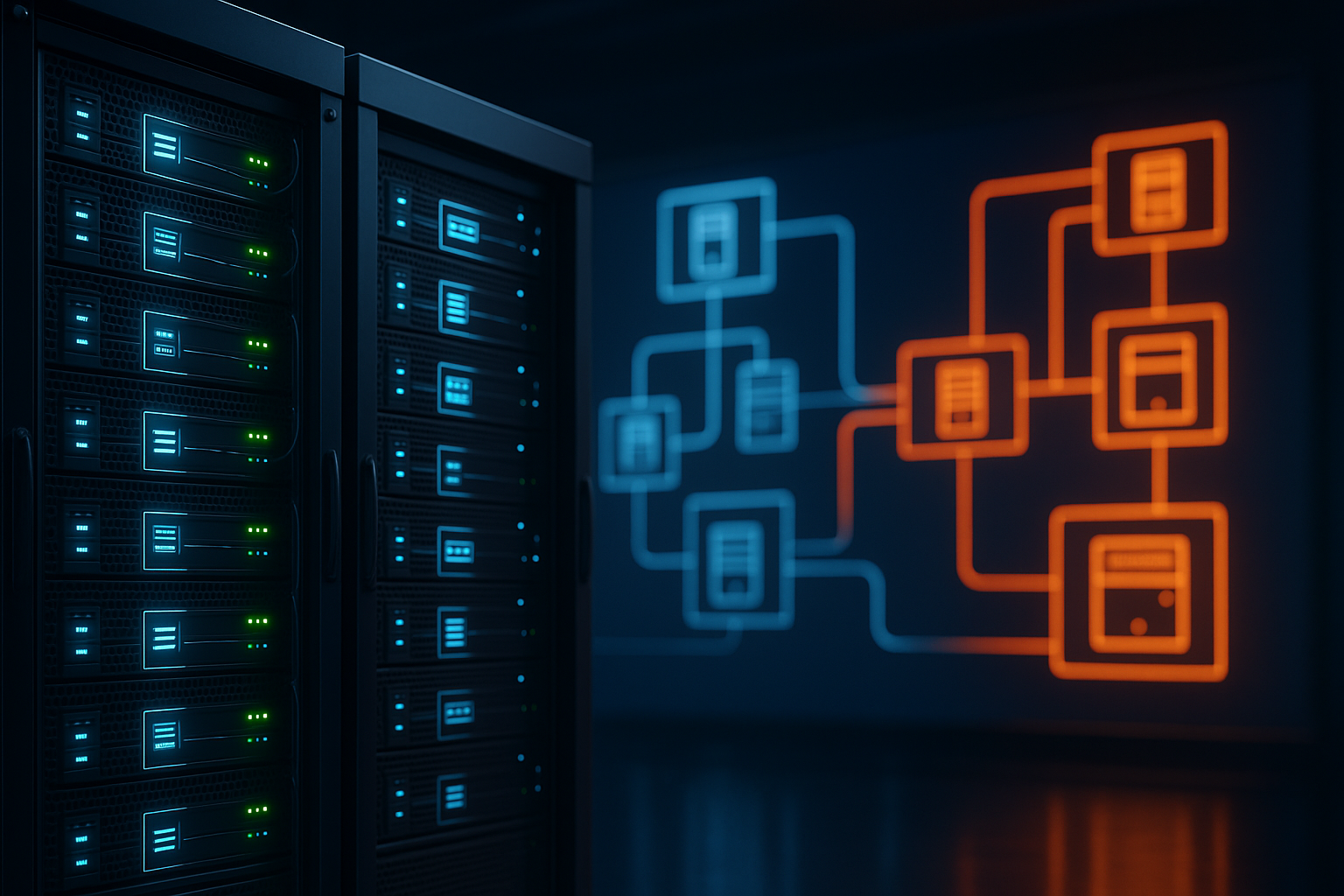 Les racks de serveurs modernes symbolisent LiteSpeed et NGINX dans une comparaison de performances