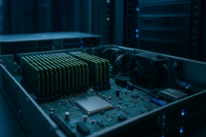Rack de serveurs avec modules RAM visibles dans un environnement d'hébergement moderne