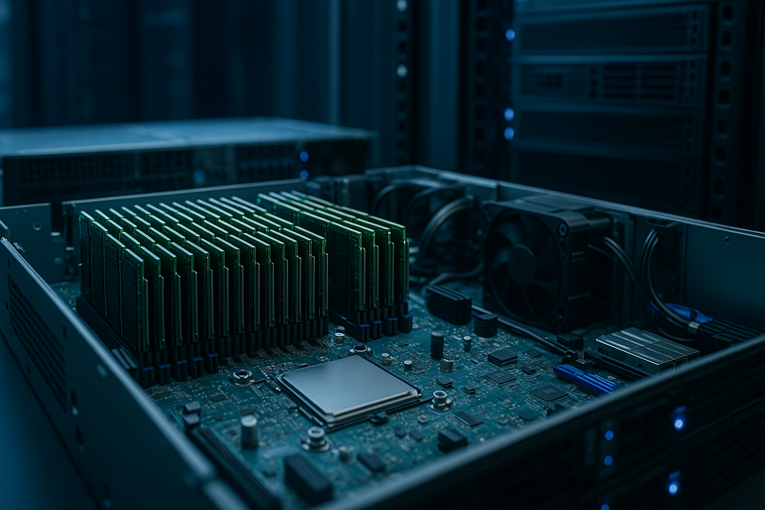 Rack de serveurs avec modules RAM visibles dans un environnement d'hébergement moderne