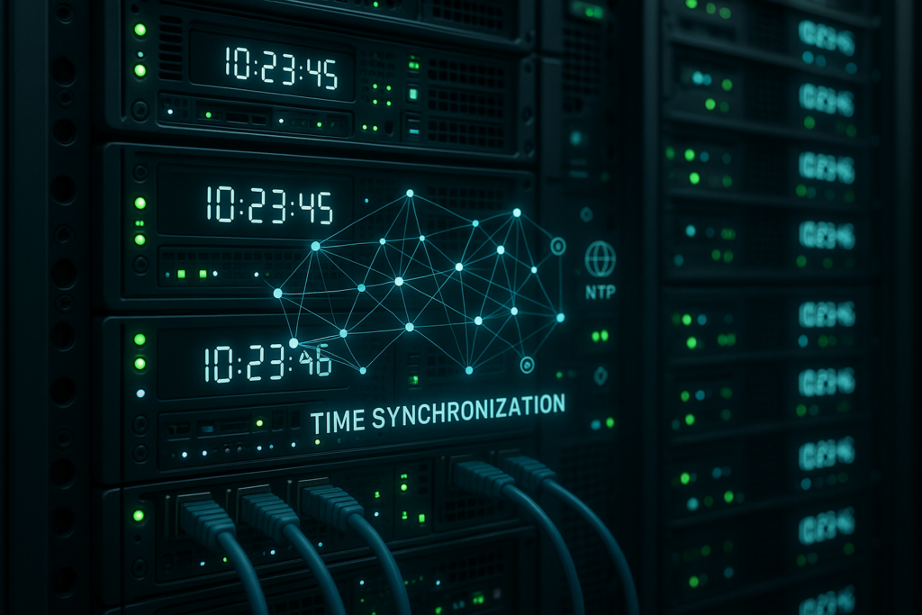 Salle de serveurs avec plusieurs racks et données de synchronisation horaire entre serveurs NTP