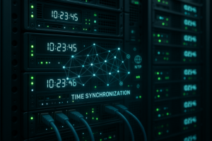 Salle de serveurs avec plusieurs racks et données de synchronisation horaire entre serveurs NTP