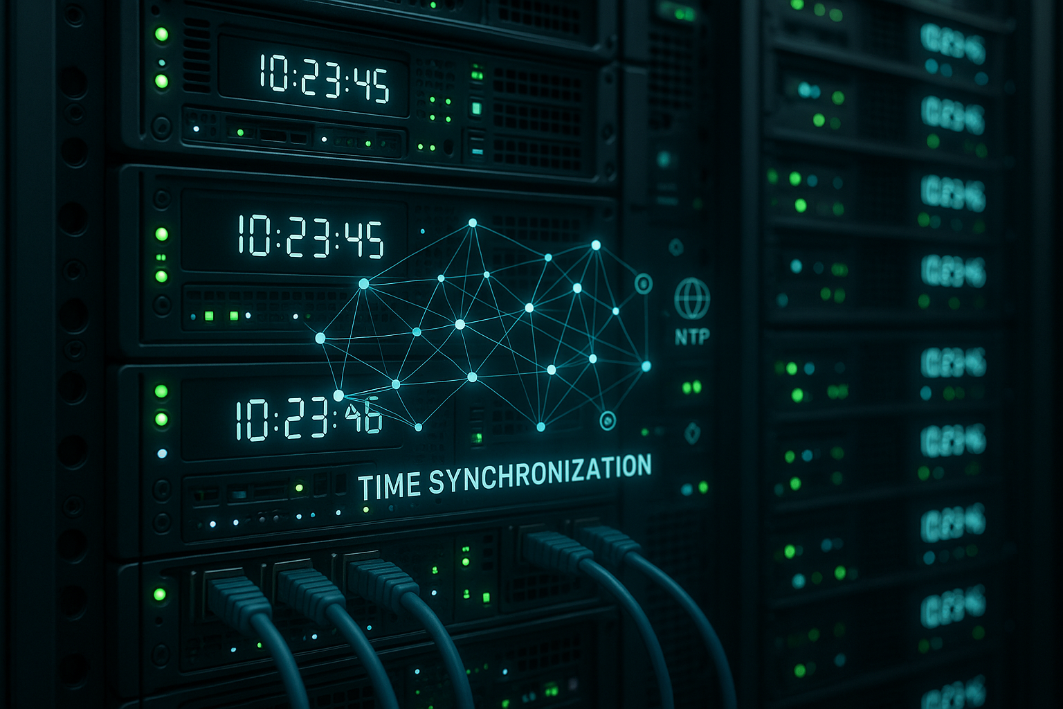 Salle de serveurs avec plusieurs racks et données de synchronisation horaire entre serveurs NTP