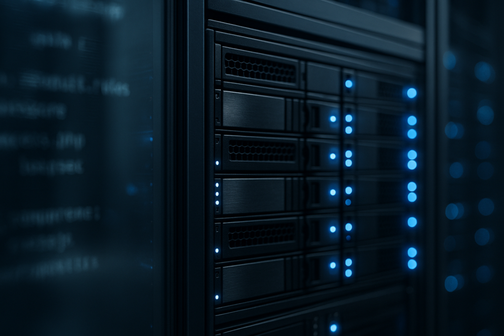 Rack de serveurs avec environnement d'hébergement PHP et architecture système stable