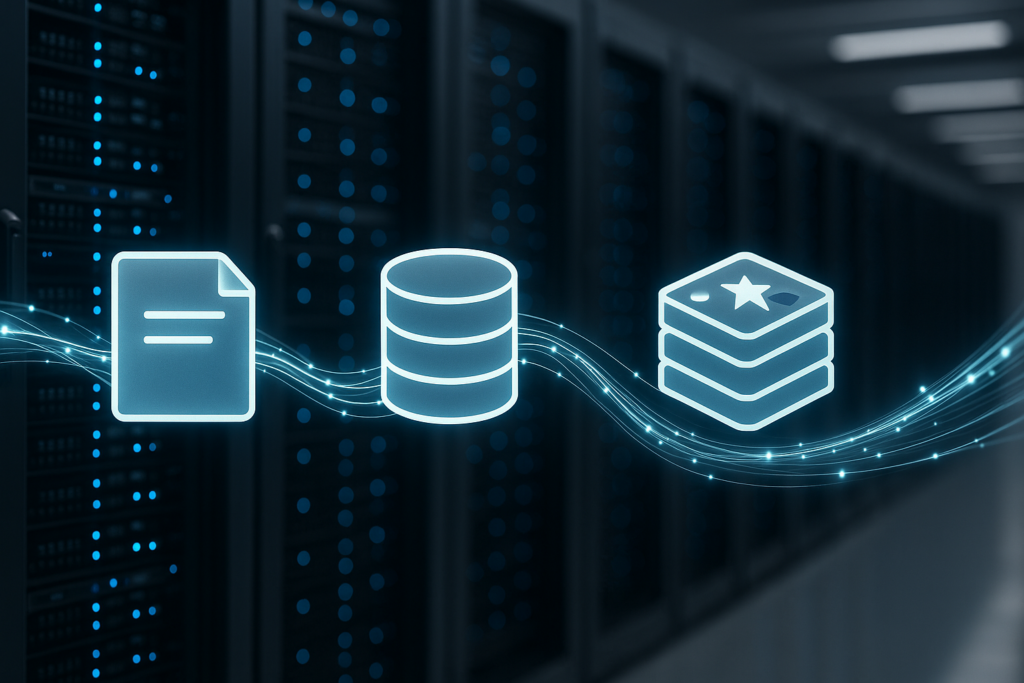 Racks de serveurs avec représentation abstraite des sessions du système de fichiers, Redis et de la base de données