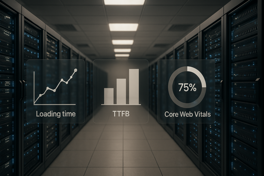 Les racks de serveurs dans un centre de données moderne symbolisent le TTFB et la mise en cache des sites Web.