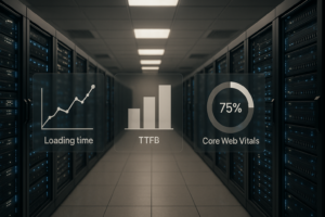 Les racks de serveurs dans un centre de données moderne symbolisent le TTFB et la mise en cache des sites Web.