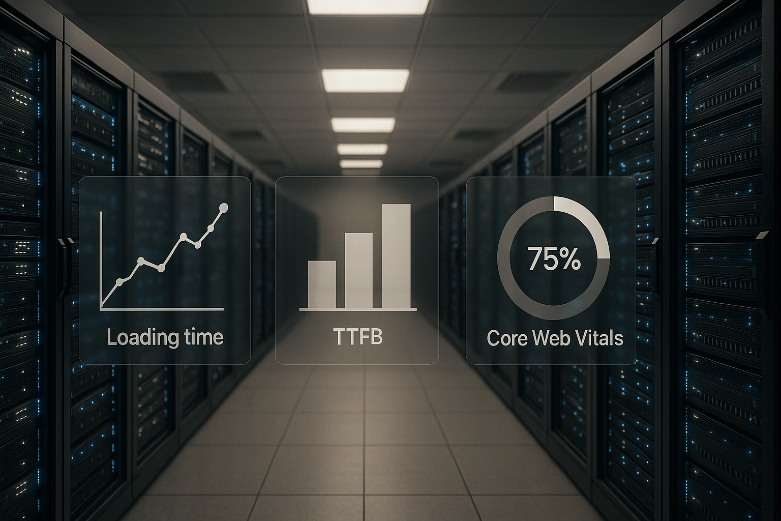 Les racks de serveurs dans un centre de données moderne symbolisent le TTFB et la mise en cache des sites Web.