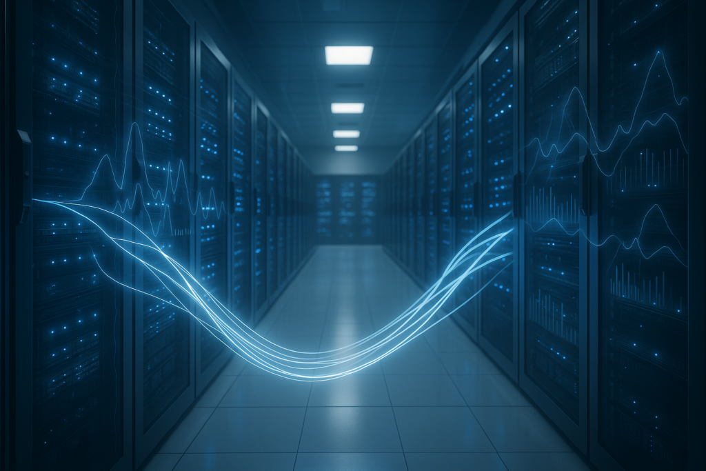 Salle de serveurs moderne avec racks lumineux et flux de données pour des performances Web optimales