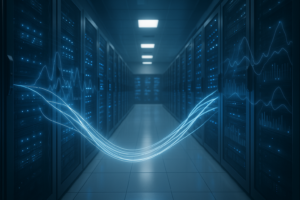 Salle de serveurs moderne avec racks lumineux et flux de données pour des performances Web optimales