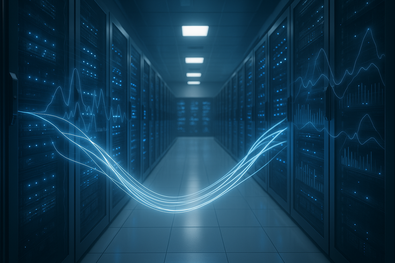 Salle de serveurs moderne avec racks lumineux et flux de données pour des performances Web optimales