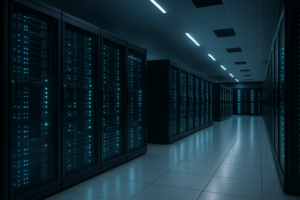 Centre de données moderne dédié à l'hébergement web avec racks de serveurs éclairés