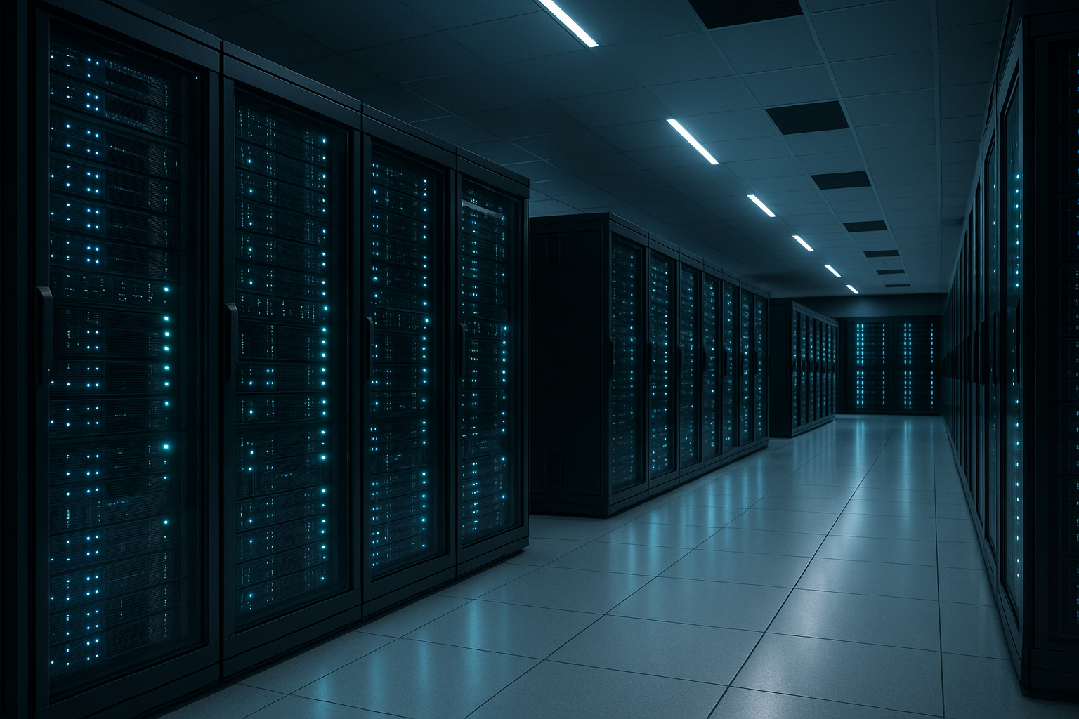 Centre de données moderne dédié à l'hébergement web avec racks de serveurs éclairés