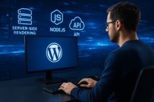 Un développeur travaille sur une configuration WordPress Headless avec rendu côté serveur Visualisation sur écran, environnement de bureau moderne avec icônes technologiques