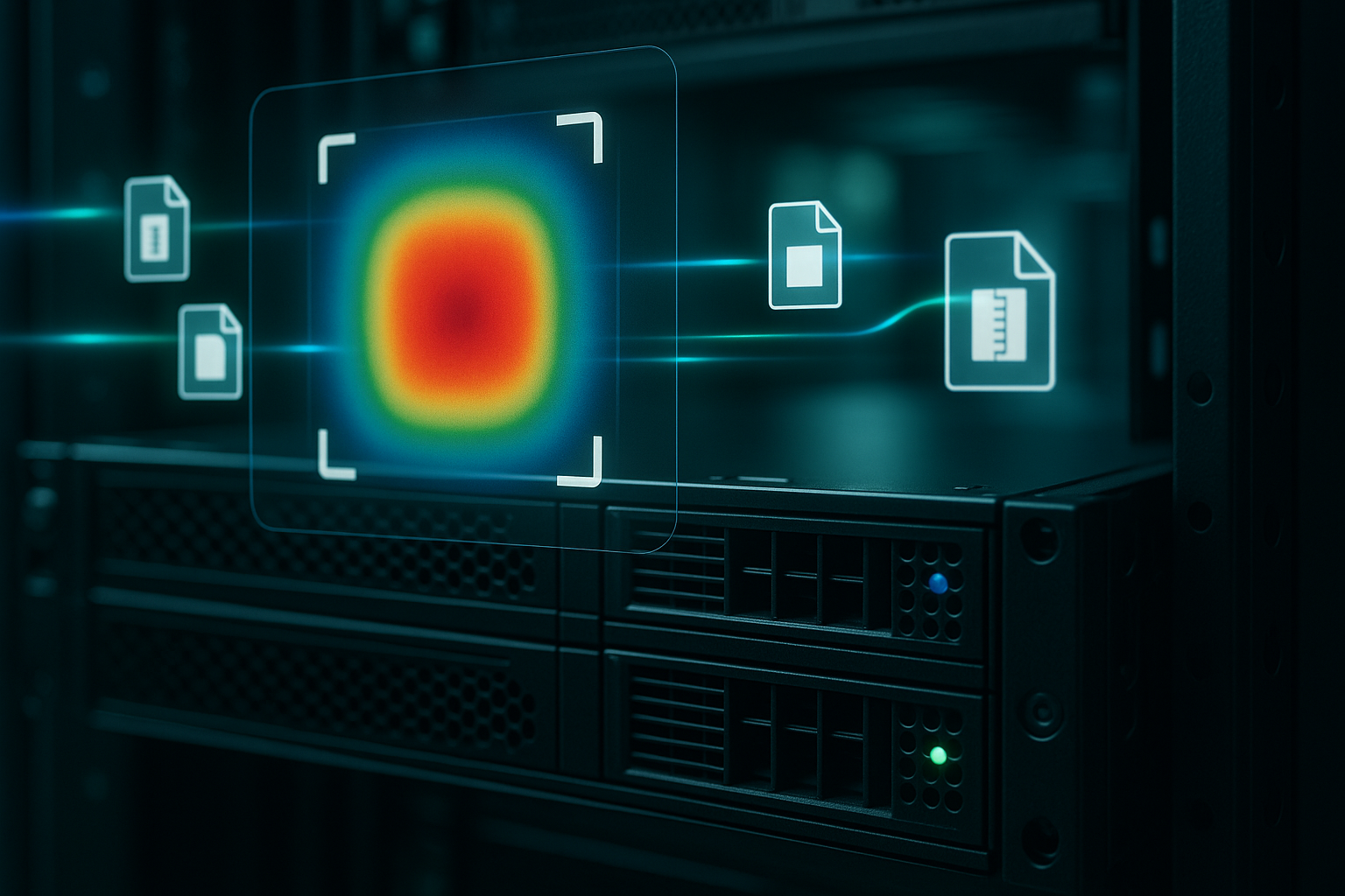 Serveur dans un centre de données avec charge CPU visualisée par compression de données
