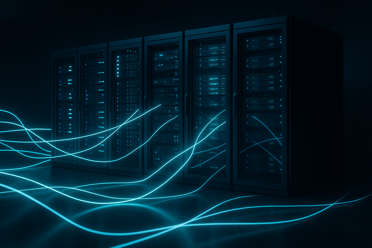 Racks de serveurs modernes dans un centre de données avec flux de données visualisés