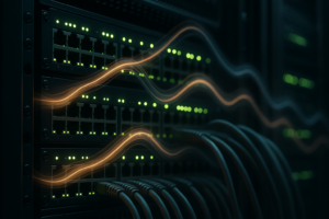 Racks de serveurs web dans un centre de données avec trafic réseau et latence fluctuante