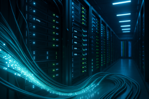 Centre de données moderne avec stockage NVMe et racks de serveurs lumineux à la lumière bleue