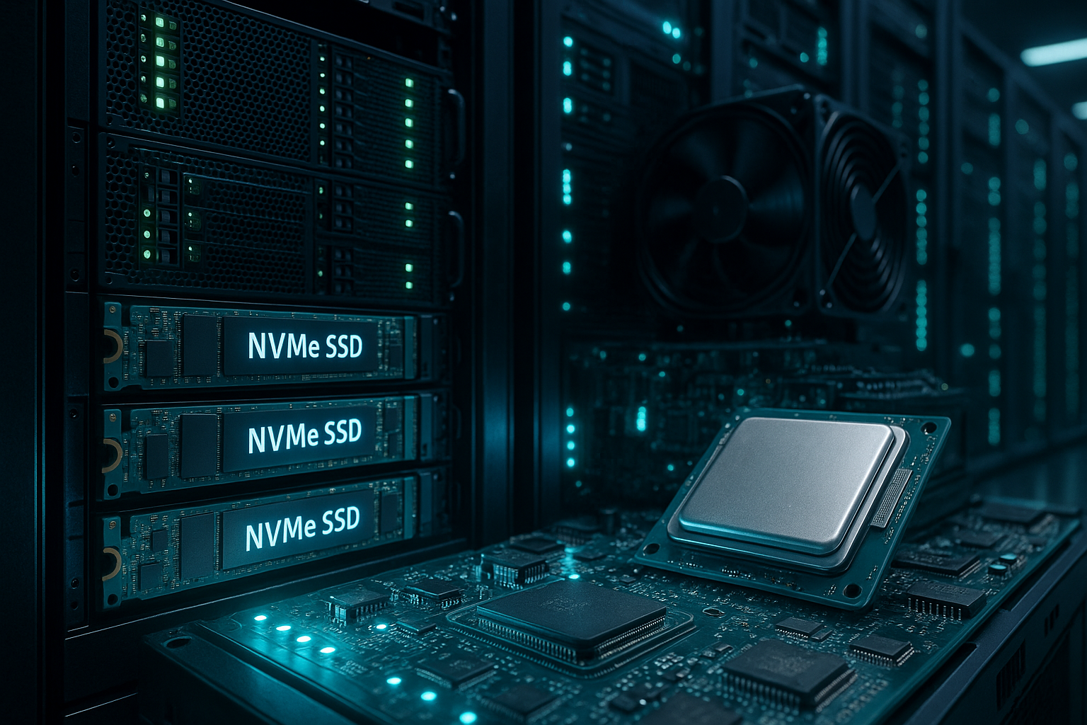 Lecteur de mémoire NVMe dans un serveur moderne avec composants technologiques et éclairage LED