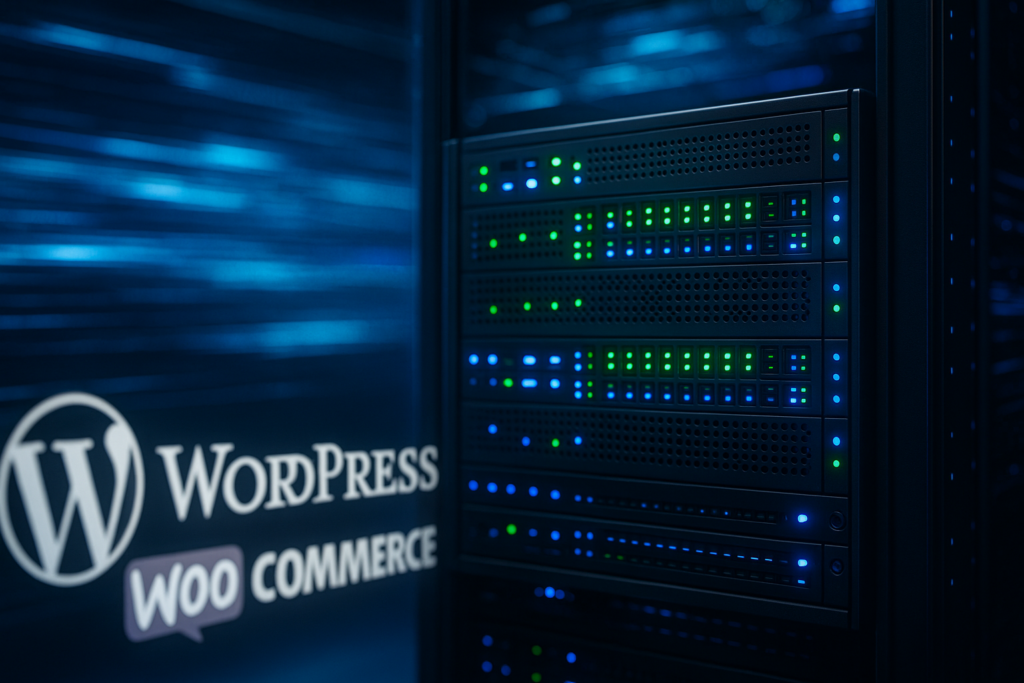 Serveur web moderne symbolisé dans un centre de données avec optimisation des performances WooCommerce