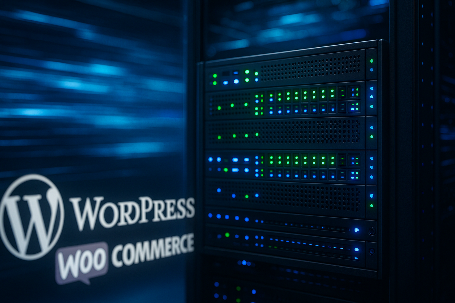 Serveur web moderne symbolisé dans un centre de données avec optimisation des performances WooCommerce
