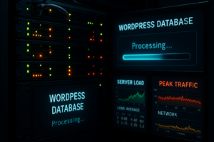 Serveur WordPress sous charge avec écrans de surveillance et traitement de la base de données